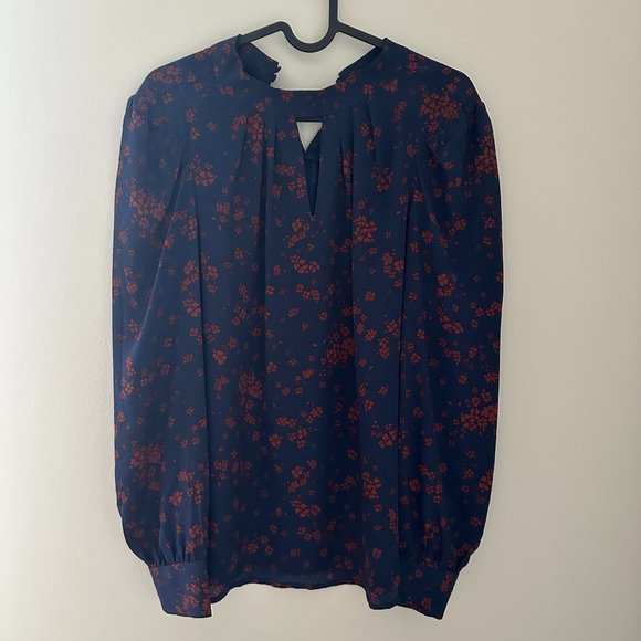 High neck, v-cut top, Size M, Full sleeves, navy blue with orange flowers - Picture 1 of 2